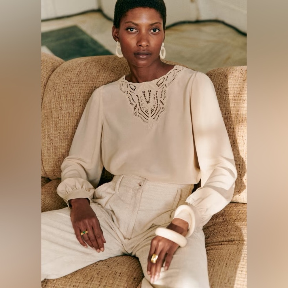 Sezane Beige Blouse with Intricate Lace NWOT